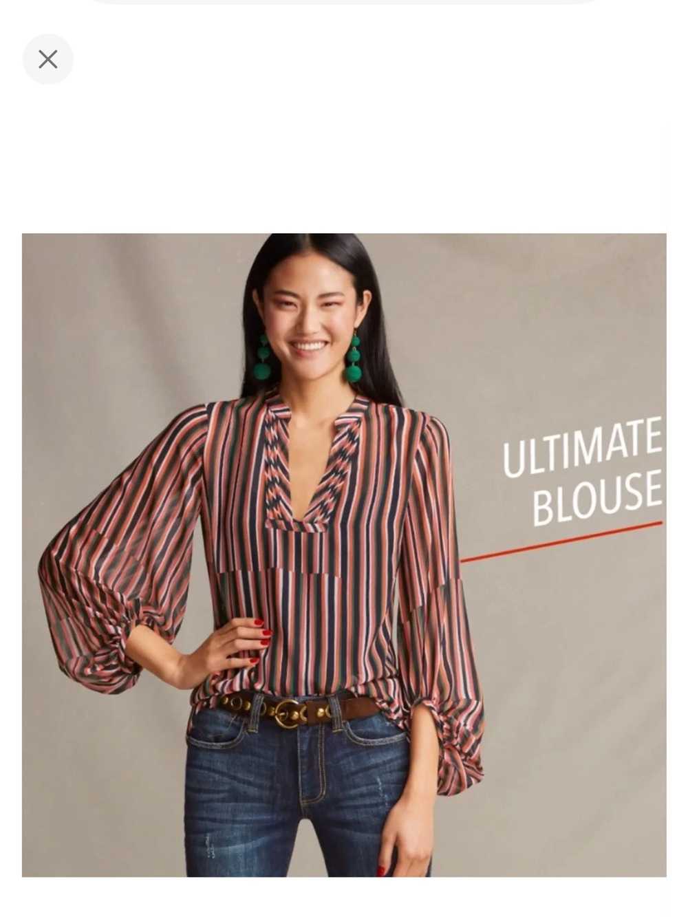 CAbi “The Ultimate Blouse” Striped V-Neck Sheer Balloon Sleeve Top Blouse 5519